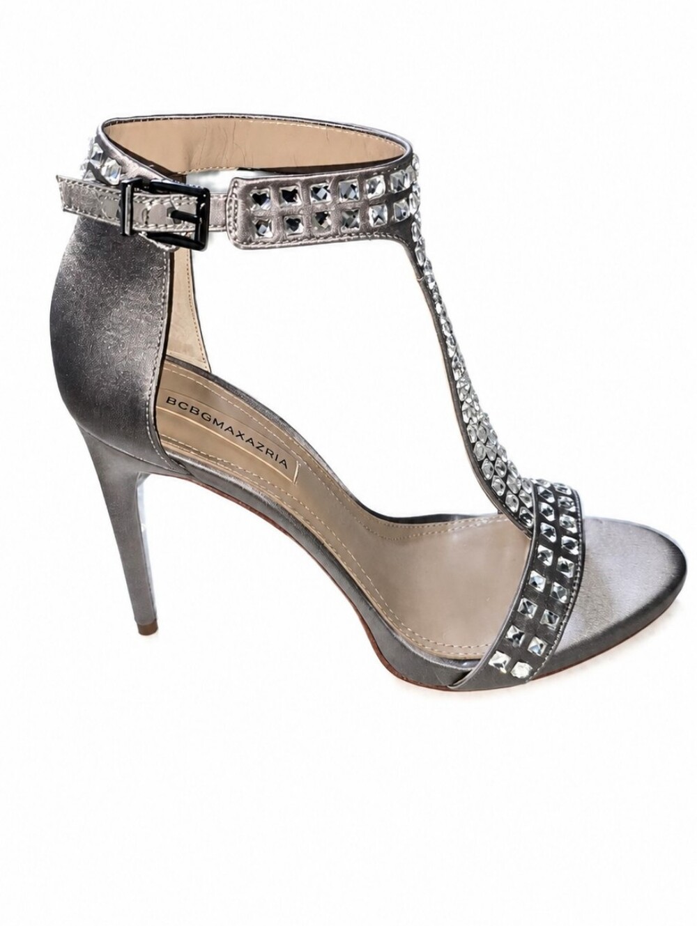 Title: BCBGMAXAZRIA Silver Rhinestone T-Strap Heels - Size 10